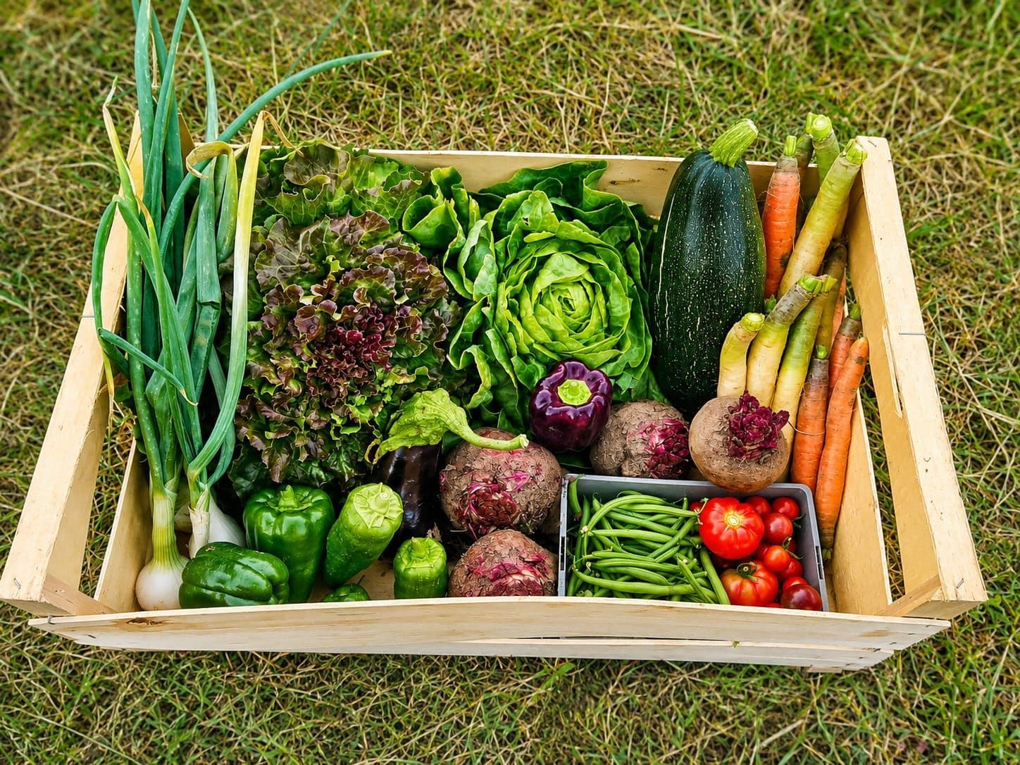 Caisse de légumes fraîchement récoltés : salades, oignons, courgette, carottes, betteraves, haricots et tomates